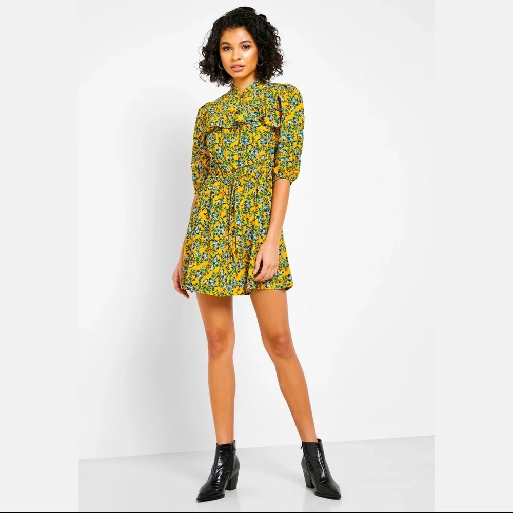 Topshop Floral Pleated Mini Dress Mustard Yellow